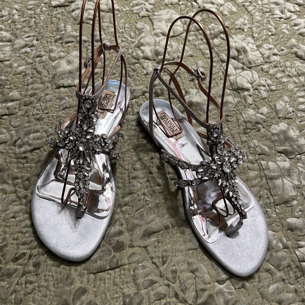 Badgley Mischka Silver Sandals with Crystal Embellishments